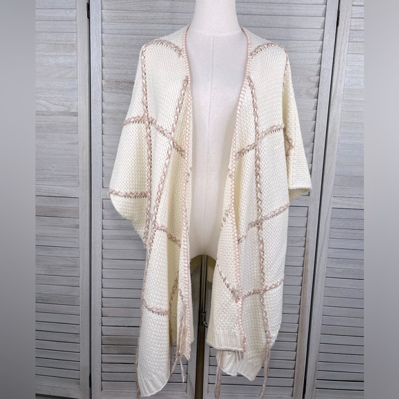 KNOX ROSE Boho Open Front Cardigan/Poncho Sweater Cream w Pink Tan Braiding-S - Picture 1 of 3